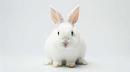 Fototapeta premium White rabbit with a curious gaze, looking straight at the camera, isolated on white