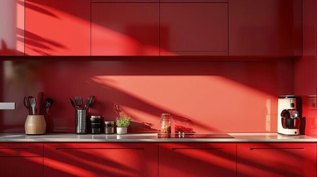 Red kitchen unit with simple utensils on display in a modern, monochromatic red kitchen. A warm sunlight casts over the countertop in the morning.