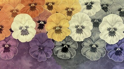   Close-up photo of variously colored flowers in shades of purple, yellow, orange, and white against a clear background