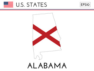 Alabama USA state map shape with flag. Map of Alabama in the Alabama flag colors. Outline map filled with its flag colors. Vector illustration.