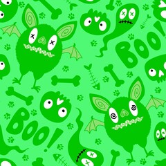 Halloween monsters animals seamless bat and ghost and skulls pattern