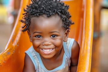 A cute Afro child enjoys a slide ride