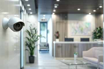Sleek security camera in a bright office lobby with plants and modern decor