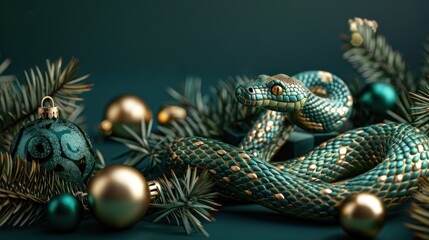 Green wooden snake with Christmas decorations and holiday decor. Symbol of Chinese New Year 2025.