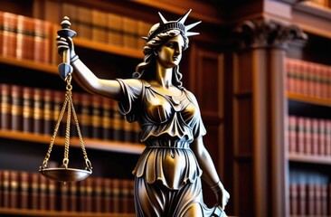 Fototapeta premium A bronze figurine of a woman with scales in her hands, symbolizing justice, against the background of a shelf with many books.