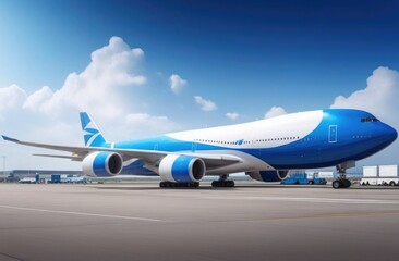 Obraz premium A blue and white passenger plane is parked at the airport.