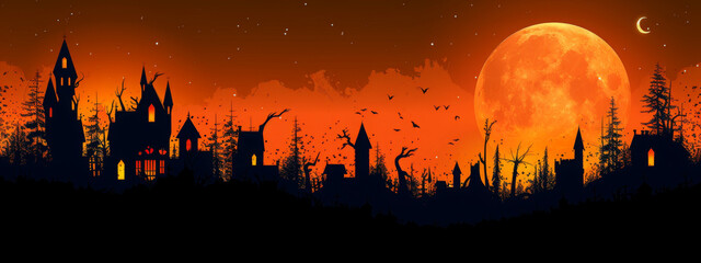Halloween 2021. City panorama in halloween style. Scary halloween isolated background. Orange and yellow background. Vector illustration.