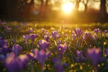 Obraz premium Tranquil scene of purple crocus flowers basking in the warm glow of a setting sun