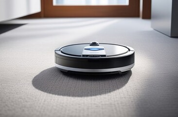 Modern robot vacuum cleaner on a light floor in a modern apartment.