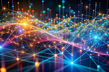 Obraz premium Vibrant glowing lines and data points swirl across a futuristic digital graph interface, showcasing complex connectivity and dynamic information exchange in a mesmerizing pattern.