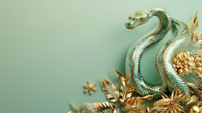 Green wooden snake with Christmas decorations and holiday decor. Symbol of Chinese New Year 2025.