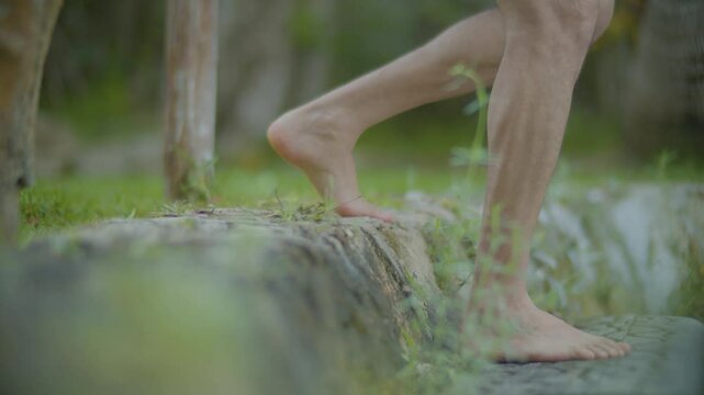Pasos de una persona descalza caminando en la naturaleza