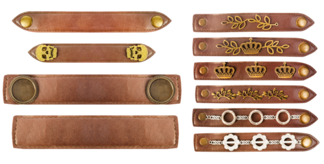 Isolated png photo of brown colored leather straps with ornaments and brass rivets on transparent background.