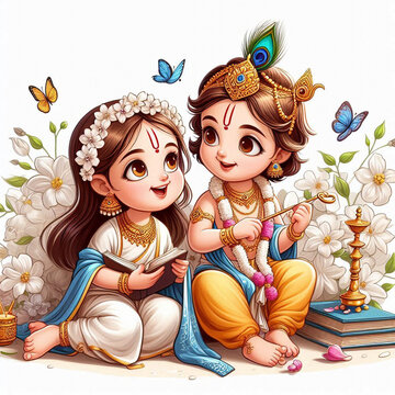kid versions of Radha and Krishna playing together, symbolizing joy, purity, and spiritual connection