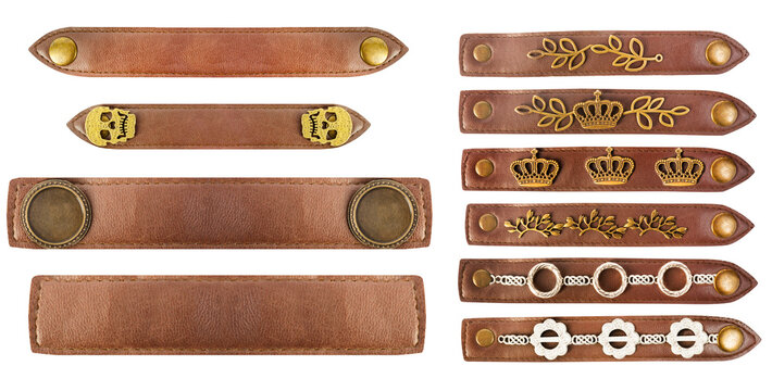 Isolated png photo of brown colored leather straps with ornaments and brass rivets on transparent background.