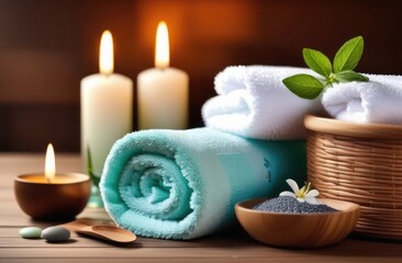 Spa composition lying on a wooden table with fresh towels, stones and lit candles.