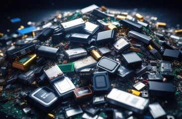 Close-up. A mountain of used batteries and accumulators on a dark background.