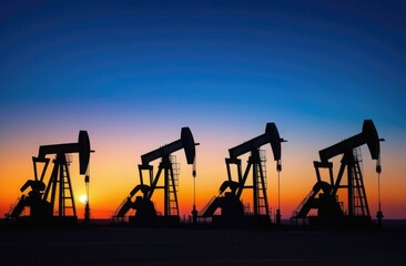 Oil production station in silhouette at sunset. Oil production.