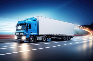 A blue truck with a white trailer and headlights on drives along an illuminated blurred road during twilight