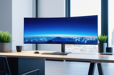 A large monitor with the sky on the screen stands on a modern table in an office with panoramic windows.
