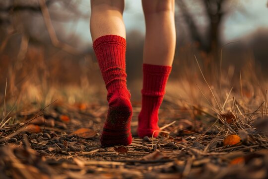 Closeup of a person's feet in warm red socks walking on a forest path with autumn leaves