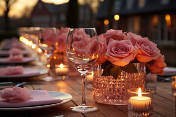 Elegant outdoor table setting at dusk with roses, wine glasses, and candles.