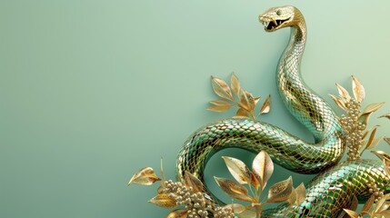 Obraz premium Green wooden snake with Christmas decorations and holiday decor. Symbol of Chinese New Year 2025.