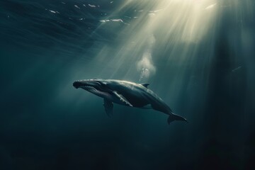 Fototapeta premium A majestic whale swims in deep blue waters, illuminated by ethereal sunbeams piercing the ocean surface. Truly breathtaking.