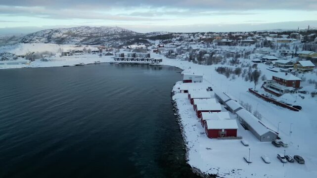 Winter aerial video in nature in &Oslash;vre-Alta, Finnmark, Norway.