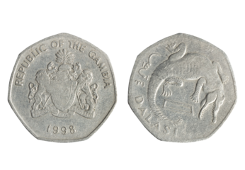 Isolated png photo of 1 Gambia 1998 dalasi copper-nickel coin of Republic of Gambia 1971-2022 on transparent background.