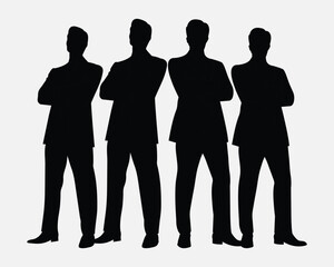 A confident business team. A group of confident businesspeople are standing and posing. Business people vector silhouettes. Male business character illustration isolated on white background.