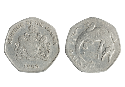 Isolated png photo of 1 Gambia 1998 dalasi copper-nickel coin of Republic of Gambia 1971-2022 on transparent background.