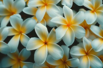 Obraz premium Delicate plumeria blooms, white petals with yellow centers. Tropical beauty in a close-up shot.