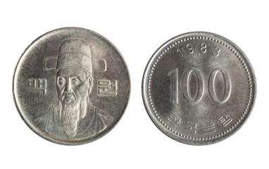 Isolated png photo of 100 South Korean 1983 won copper-nickel coin of Republic of Korea 1982-2023 on transparent background.
