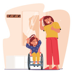Child In A Wheelchair Brushing Their Hair With The Assistance Of A Parent. Cartoon Vector Illustration