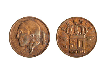 Isolated png photo of 50 Belgium 1957 centimes bronze coin of Albert 2 ruler on transparent...