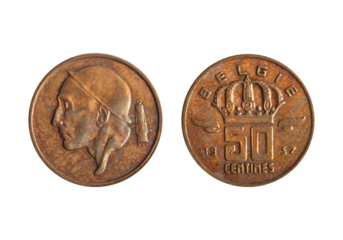 Isolated png photo of 50 Belgium 1957 centimes bronze coin of Albert 2 ruler on transparent background.