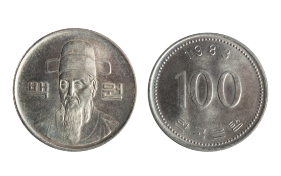 Isolated png photo of 100 South Korean 1983 won copper-nickel coin of Republic of Korea 1982-2023 on transparent background.