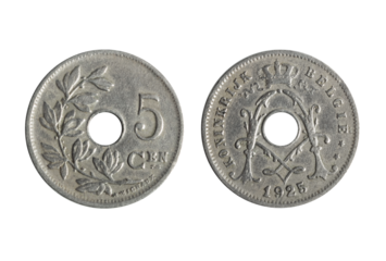 Isolated png photo of 5 Belgium 1925 centimes coin on transparent background.