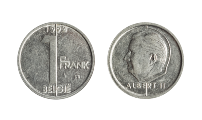 Isolated png photo of 1 Belgium 1994 franc nickel plated steel coin of King Albert 2 on transparent background.