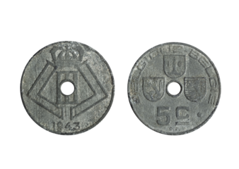 Isolated png photo of 5 Belgium 1943 centimes zinc coin of King Leopold 3 on transparent background.