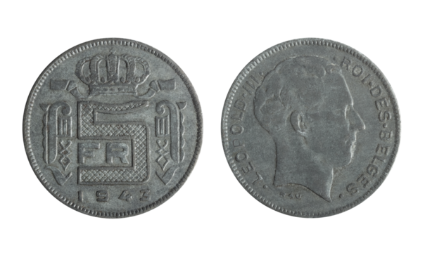 Isolated png photo of 5 belgium 1943 franc zinc coin of King Leopold the 3 on transparent background.