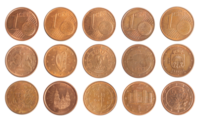 Isolated png photo of 1 various countries euro cent copper plated steel coins on transparent background.
