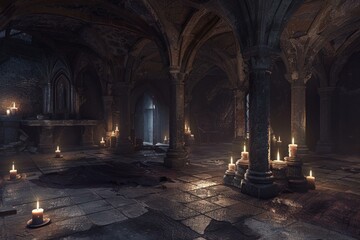 Atmospheric view of an ancient crypt, illuminated by the soft glow of numerous candles