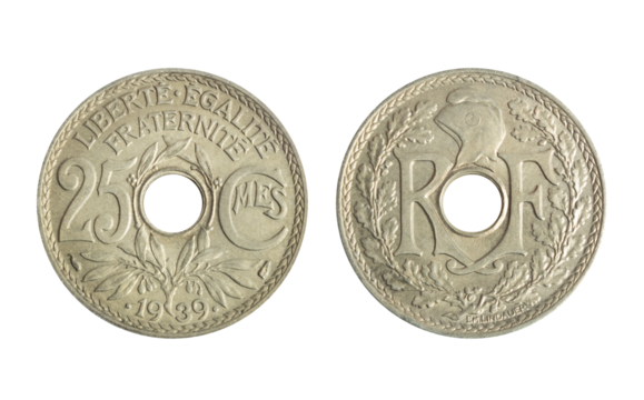 Isolated png photo of 25 French 1939 centimes nickel-bronze coin of Third Republic 1870-1941 on transparent background.