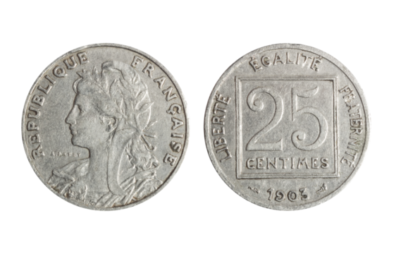 Isolated png photo of 25 French 1903 centimes nickel coin of Third Republic 1872-1941 on transparent background.