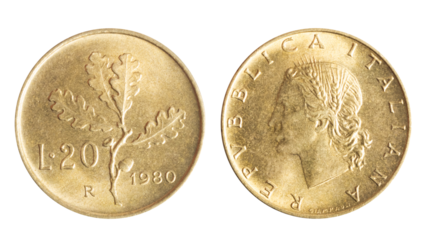 Isolated png photo of 20 Italian 1980 lire lire aluminium-bronze coin od Republica Italiana 1946-2001 on transparent background.