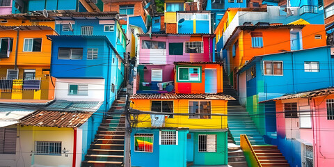 Brazilian favela cityscape with colorful buildings perfect for graphic art projects. Concept Brazilian Favela Cityscape, Colorful Buildings, Graphic Art Projects,