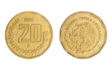 Isolated png photo of 20 Mexican 1995 centavos centavos aluminium-bronze coins on transparent background.