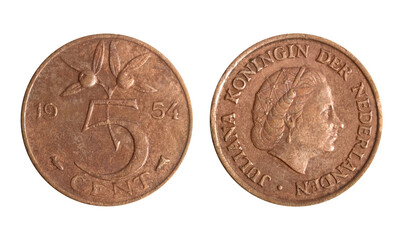 Isolated png photo of 5 Netherlands 1954 cent bronze coin of Queen Juliana 1949-1980 on transparent...